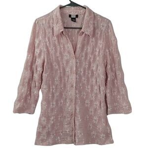 Studio 1940 Pink Crinkle Floral Embroidered Collared Button Down Shirt 14/16W